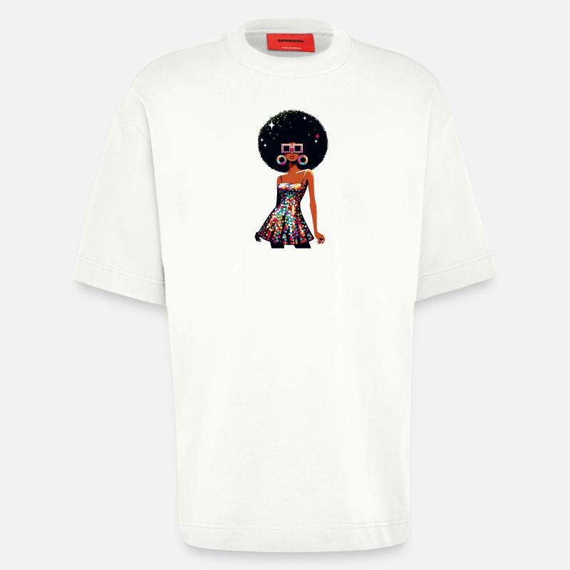 Disco Afro Glam Sequins Design - T-shirt bio épais oversize fabriqué en UE - OFF WHITE