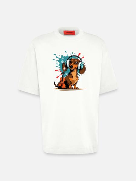 Wintermusik-Dackel mit Kopfhörern - Heavyweight T-Shirt - made by SPREAD  - OFF WHITE