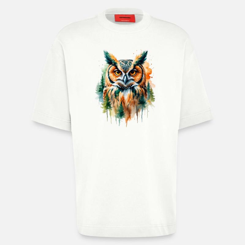 Wasserfarbene Eule im Walddesign - Heavyweight T-Shirt - made by SPREAD  - OFF WHITE