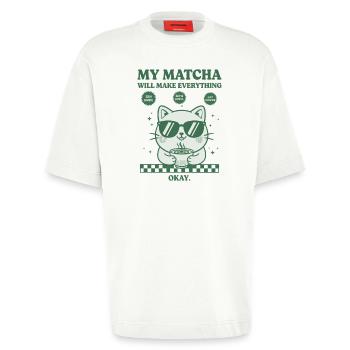 Mon matcha va tout arranger. Drôle de matcha. - T-shirt bio épais oversize fabriqué en UE - OFF WHITE - Devant - Fiona (171cm)