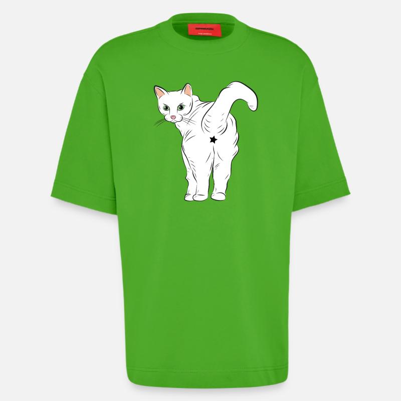 Weiße Katze mit Sternlogo - Heavyweight T-Shirt - made by SPREAD  - Apple Neon