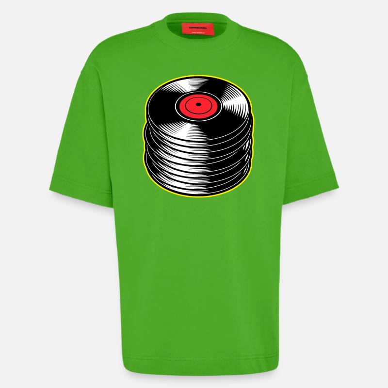 Stack d’albums vinyles - T-shirt bio épais oversize fabriqué en UE - Apple Neon