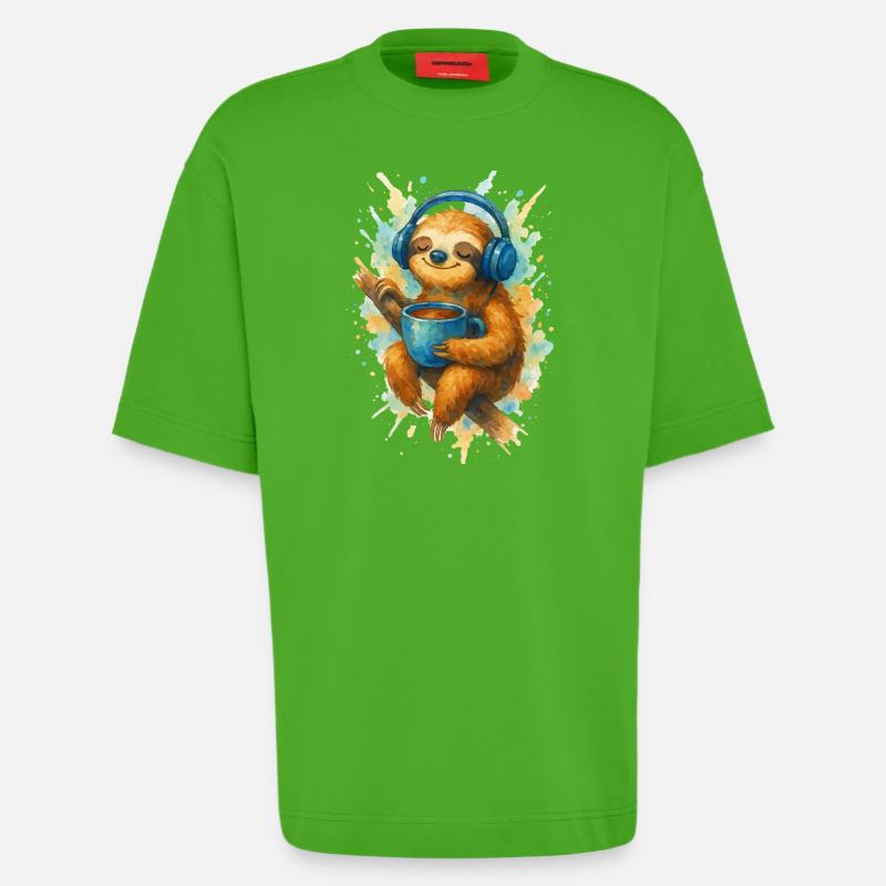 WasserfarbenFaultier mit Kopfhörern - Heavyweight T-Shirt - made by SPREAD  - Apple Neon