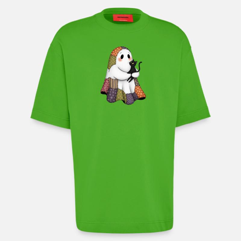 Patchwork fantôme avec chat noir - T-shirt bio épais oversize fabriqué en UE - Apple Neon