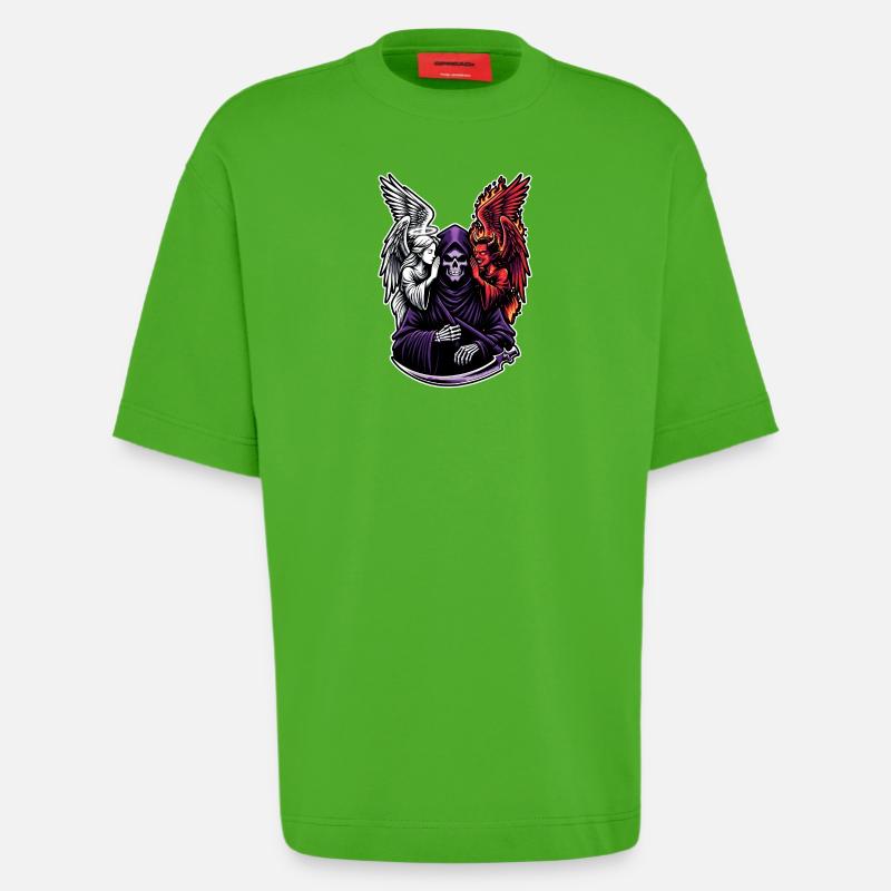 Sensenmann mit Engel und Dämon - Heavyweight T-Shirt - made by SPREAD  - Apple Neon