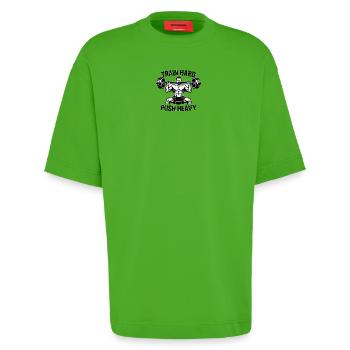 Devise de musculation Push Heavy - T-shirt bio épais oversize fabriqué en UE - Apple Neon - Devant - Fiona (171cm)
