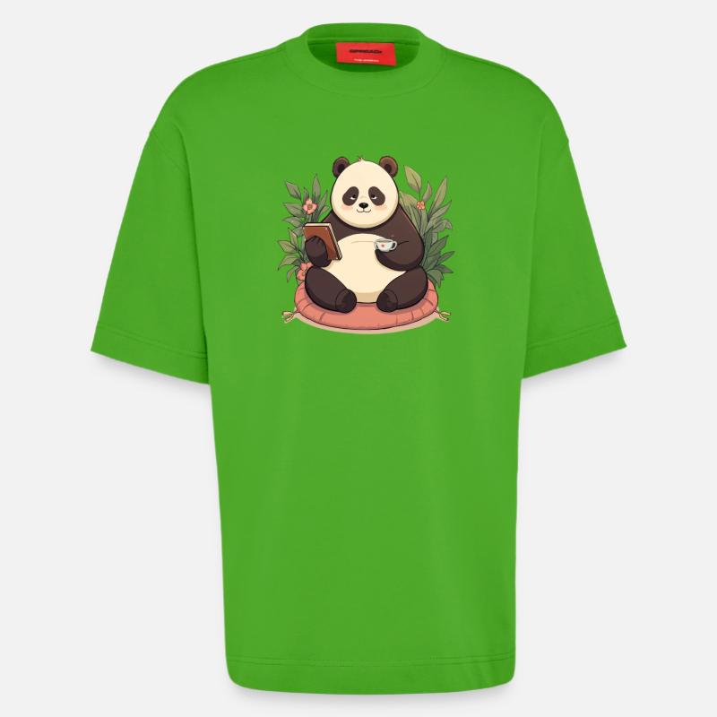 Lecture du panda avec du thé - T-shirt bio épais oversize fabriqué en UE - Apple Neon