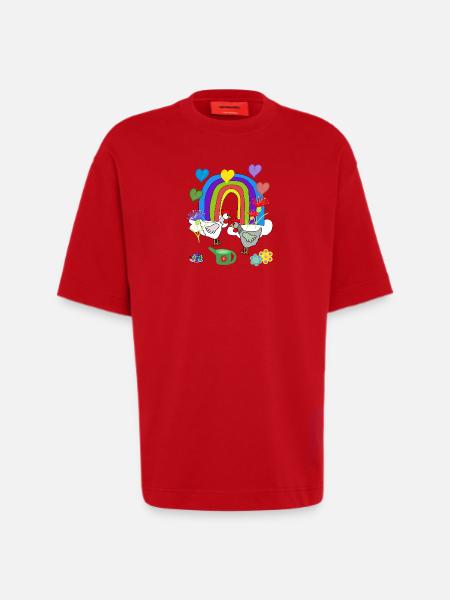Children's Fantasy Rainbow Flowers Chickens - Heavyweight T-Shirt - made by SPREAD  - red