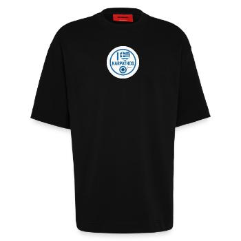 Karpathos Love - the popular motif - Heavyweight T-Shirt - made by SPREAD  - SOLID BLACK - Front - Fiona (171cm)