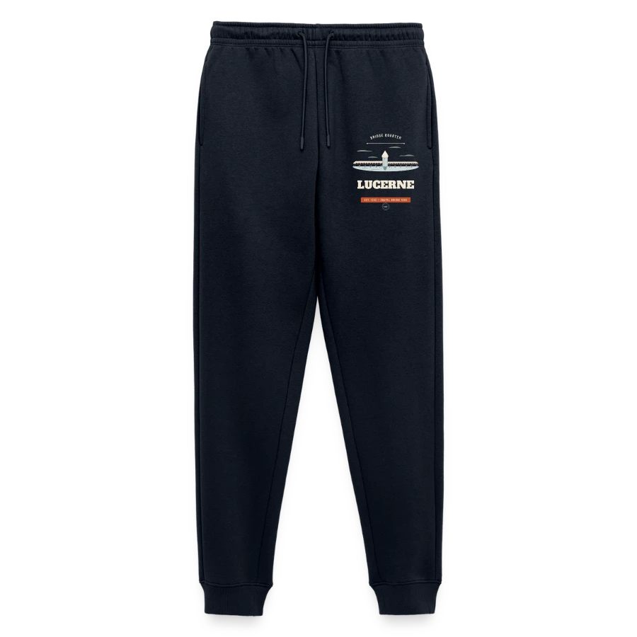 Lucerne badge on a men's premium organic joggers, navy