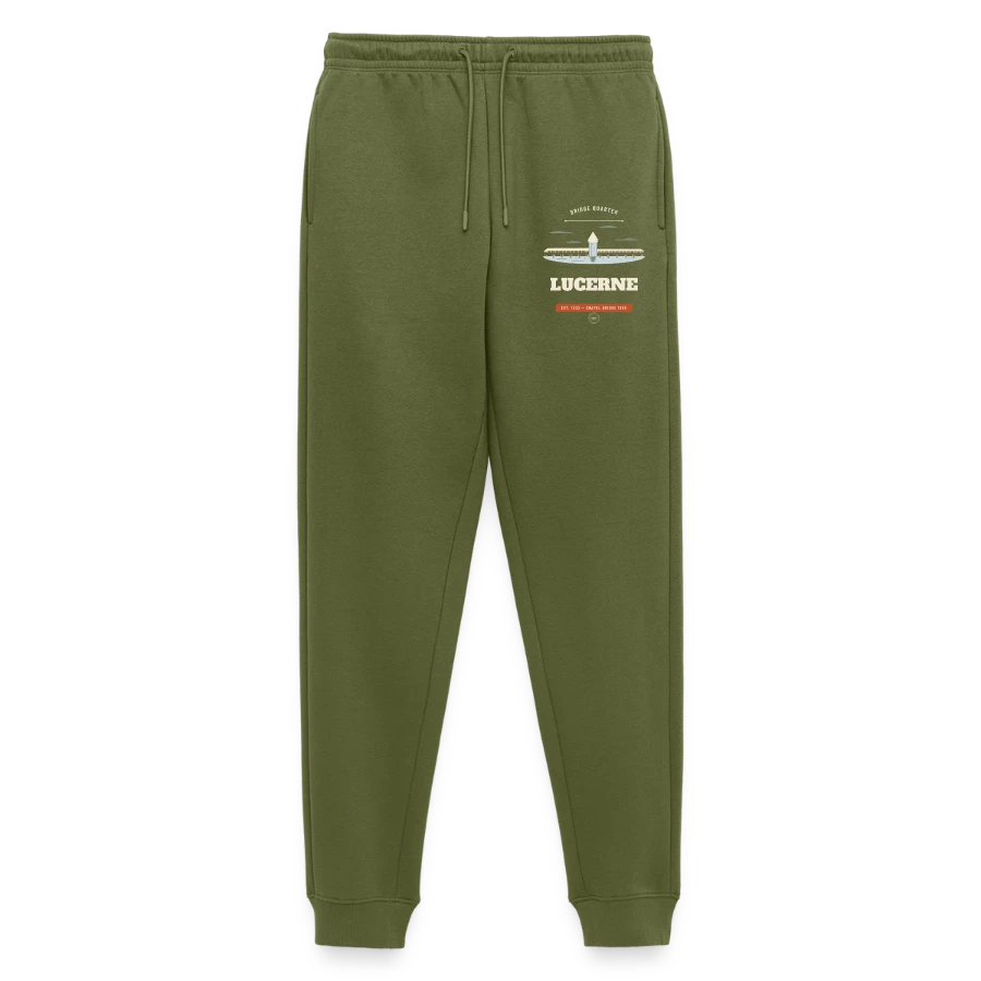 Lucerne badge on a men's premium organic joggers, khaki