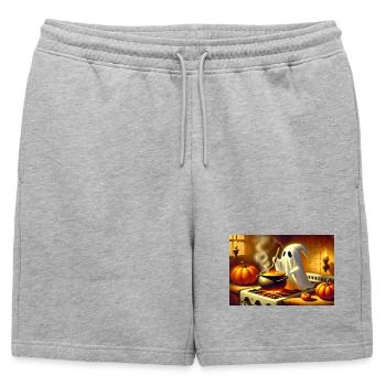 Ghost se tient devant la cuisinière et prépare de la soupe à la citrouille - Short de survêtement homme premium - gris chiné - Devant - AI Model Male 178 light (178cm)