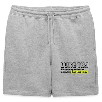 Luc 18:1 | Citation de la Bible - Short de survêtement homme premium - gris chiné - Devant - AI Model Male 178 light (178cm)