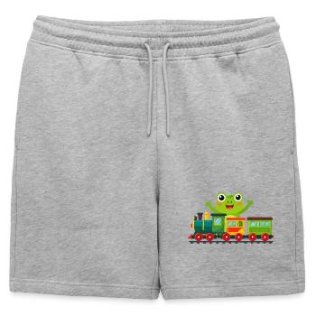 Grenouille de dessins animés verts qui acclame avec un train jouet - Short de survêtement homme premium - gris chiné - Devant - AI Model Male 178 light (178cm)
