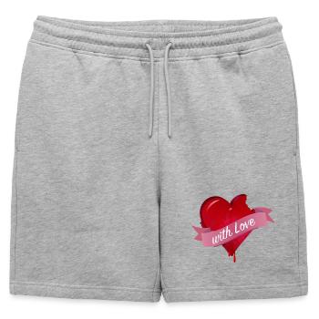angebissenes Herz mit pinkem Banner - Männer Premium Organic Sweatshorts - Grau meliert - Vorne - AI Model Male 178 light (178cm)