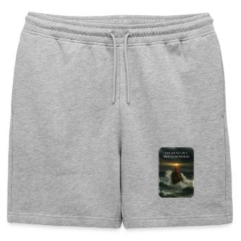 STEADFAST IN A TROUBLED WORLD - Mens' Premium Organic Sweatshorts - heather grey - Front - AI Model Male 178 light (178cm)