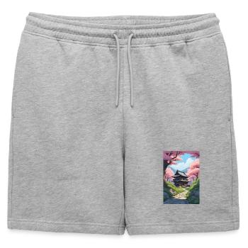 Temple japonais parmi les cerisiers en fleurs - Short de survêtement homme premium - gris chiné - Devant - AI Model Male 178 light (178cm)