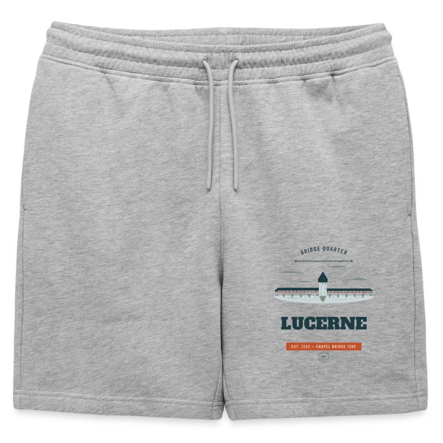 Lucerne badge on a mens' premium organic sweatshorts, heather grey