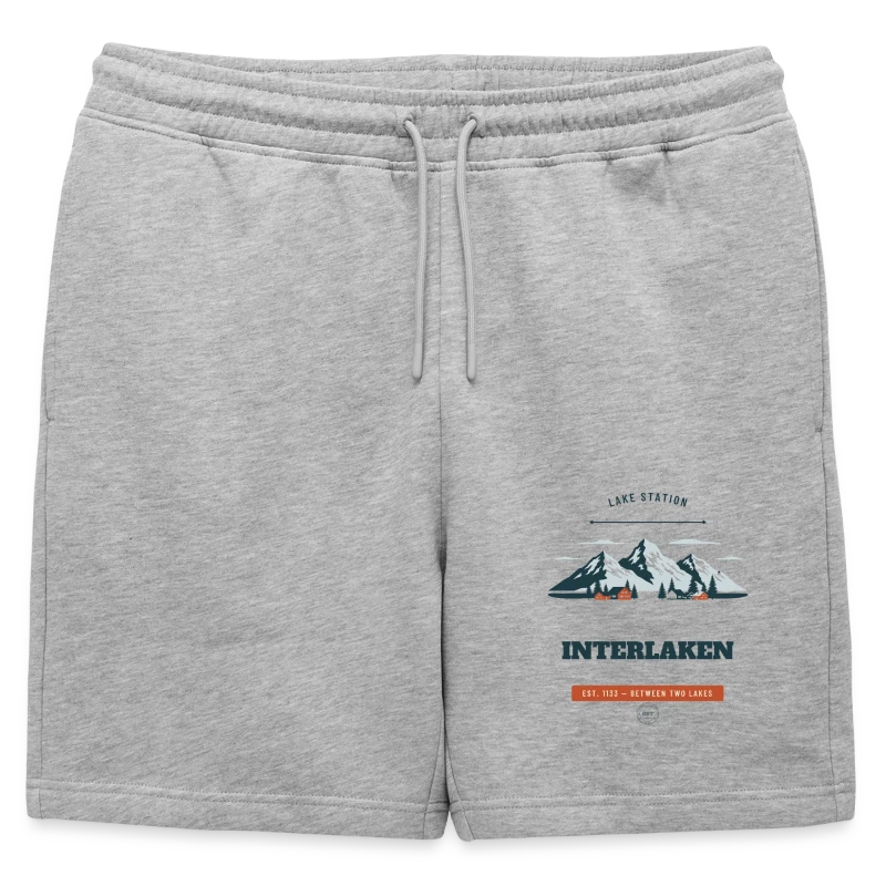 Interlaken badge on a mens' premium organic sweatshorts