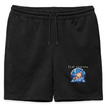 Chaton rêveur sur vague nocturne - Short de survêtement homme premium - noir - Devant - AI Model Male 178 light (178cm)