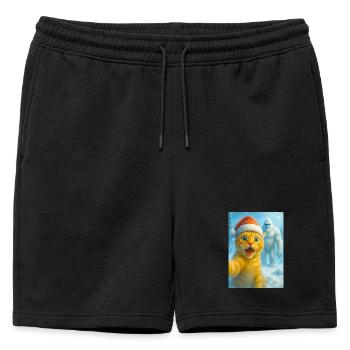 chat, chapeau de Père Noël, Yéti, Noël, neige, mème, selfi - Short de survêtement homme premium - noir - Devant - AI Model Male 178 light (178cm)