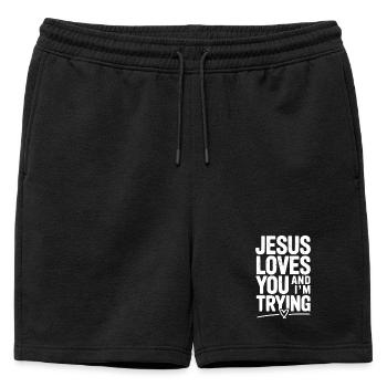Jesus Loves You and I’m Trying - Mens' Premium Organic Sweatshorts - black - Front - AI Model Male 178 light (178cm)