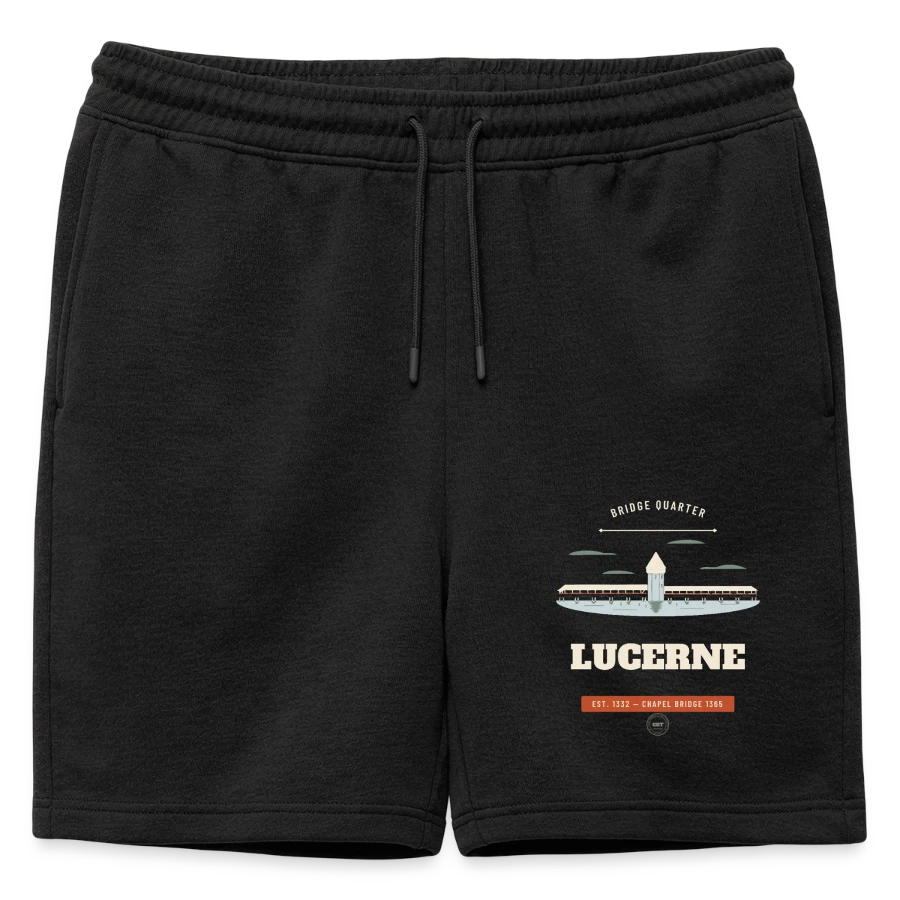 Lucerne badge on a mens' premium organic sweatshorts, black