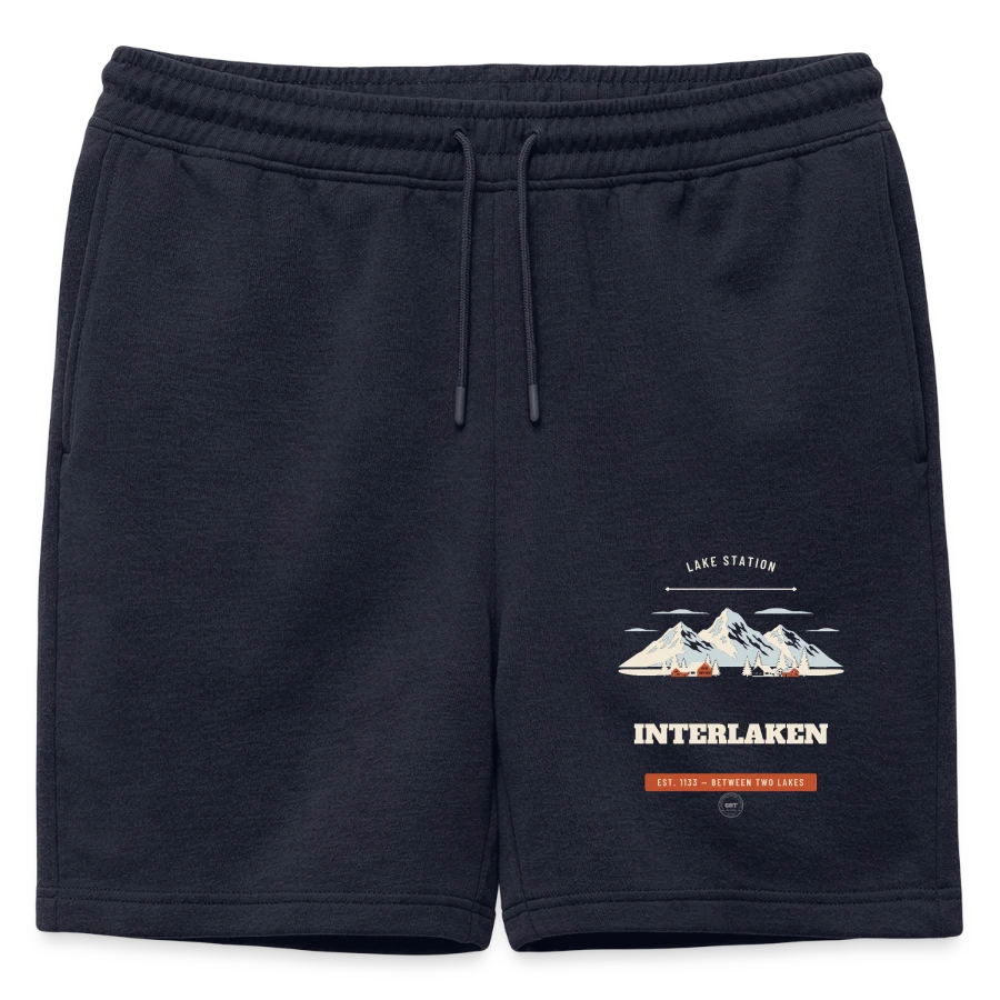 Interlaken badge on a mens' premium organic sweatshorts, navy