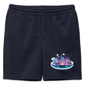 Neon Space City Skyline - Mens' Premium Organic Sweatshorts - navy - Front - AI Model Male 178 light (178cm)
