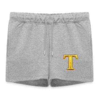 Motif en T doré avec éclat - Short de survêtement femme premium - gris chiné - Devant - AI Model Female 172 light (172cm)
