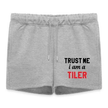 Crois moi je suis carreleur – expérience pro  - Short de survêtement femme premium - gris chiné - Devant - AI Model Female 172 light (172cm)