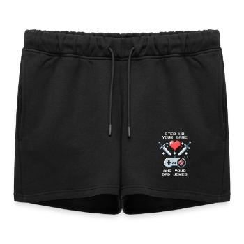 Monter de niveau & Blagues de Papa | Patchwork de papa bonus - Short de survêtement femme premium - noir - Devant - AI Model Female 172 light (172cm)