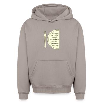 Verspeisen und geniessen - Oversized Heavyweight Unisex Hoodie - Taupe - Vorne - AI Model Female 172 light (172cm) & AI Model Male 185 light (185cm)