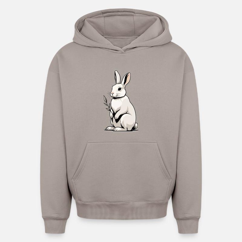 Lapin blanc à plante feuillue - Sweat à capuche unisexe oversize épais SPREAD - taupe