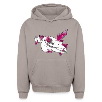 Kristallschädel - Pferd (von Leni Riosa) - Oversized Heavyweight Unisex Hoodie - Taupe - Vorne - AI Model Female 172 light (172cm) & AI Model Male 185 light (185cm)