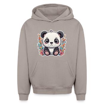 Panda Bear Cub Child in Cute Effervescent Style - Oversized Heavyweight Unisex Hoodie - taupe - Front - AI Model Female 172 light (172cm) & AI Model Male 185 light (185cm)