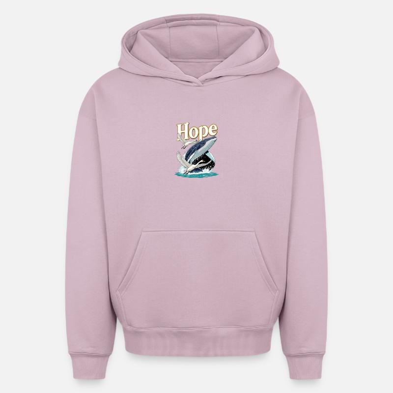 Espoir, baleines et cygne - Sweat à capuche unisexe oversize épais SPREAD - rose poudré