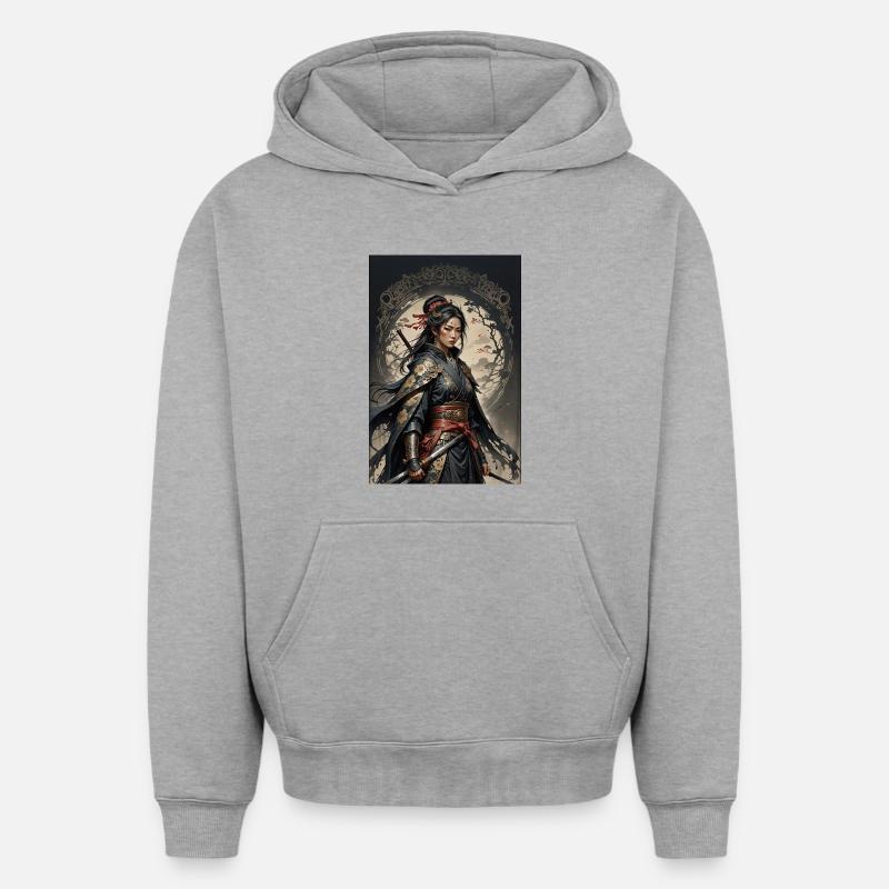 Dunkle Samurai Kriegerin im Kimono - Oversized Heavyweight Unisex Hoodie - Grau meliert