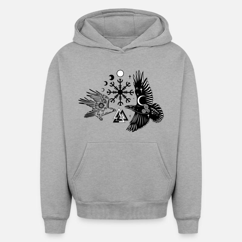 Hugin et Munin avec Vegvisir Valknut - Sweat à capuche unisexe oversize épais SPREAD - gris chiné