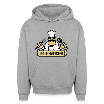 Grillmeister (Grill / Barbecue / BBQ / 3C) - Sweat à capuche unisexe oversize épais SPREAD - gris chiné - Devant - AI Model Female 172 dark (172cm) & AI Model Male 185 light (185cm)