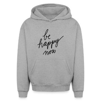 Sois heureux maintenant! - Sweat à capuche unisexe oversize épais SPREAD - gris chiné - Devant - AI Model Female 172 dark (172cm) & AI Model Male 185 light (185cm)