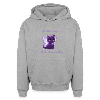 Chat Féerique Ange Gardien  - Sweat à capuche unisexe oversize épais SPREAD - gris chiné - Devant - AI Model Female 172 dark (172cm) & AI Model Male 185 light (185cm)