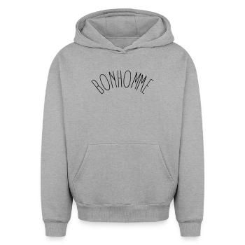 Bonhomme - Petit mec tout simplement - Sweat à capuche unisexe oversize épais SPREAD - gris chiné - Devant - AI Model Female 172 dark (172cm) & AI Model Male 185 light (185cm)