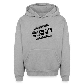 Traversez, en voyez plus – Drift & Tuning Saying - Sweat à capuche unisexe oversize épais SPREAD - gris chiné - Devant - AI Model Female 172 dark (172cm) & AI Model Male 185 light (185cm)