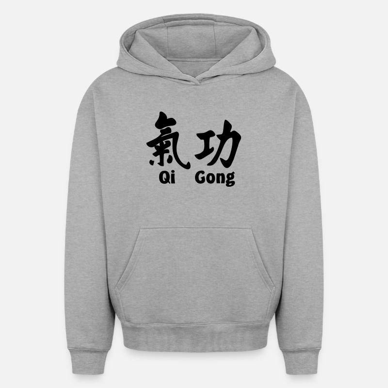 QI-Gong-Skript mit Text horizontal - Oversized Heavyweight Unisex Hoodie - Grau meliert