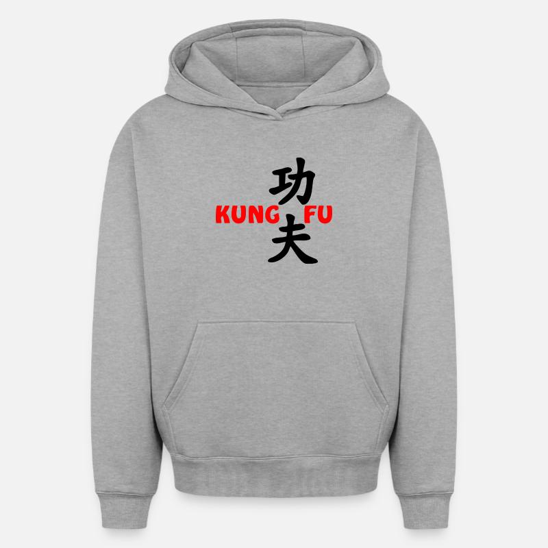 Texte rouge Kung fu - Sweat à capuche unisexe oversize épais SPREAD - gris chiné