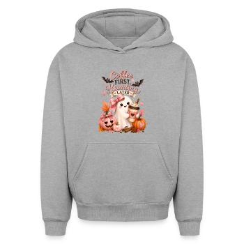 Lustiger Spruch Kaffee und Halloween - Oversized Heavyweight Unisex Hoodie - Grau meliert - Vorne - AI Model Female 172 dark (172cm) & AI Model Male 185 light (185cm)
