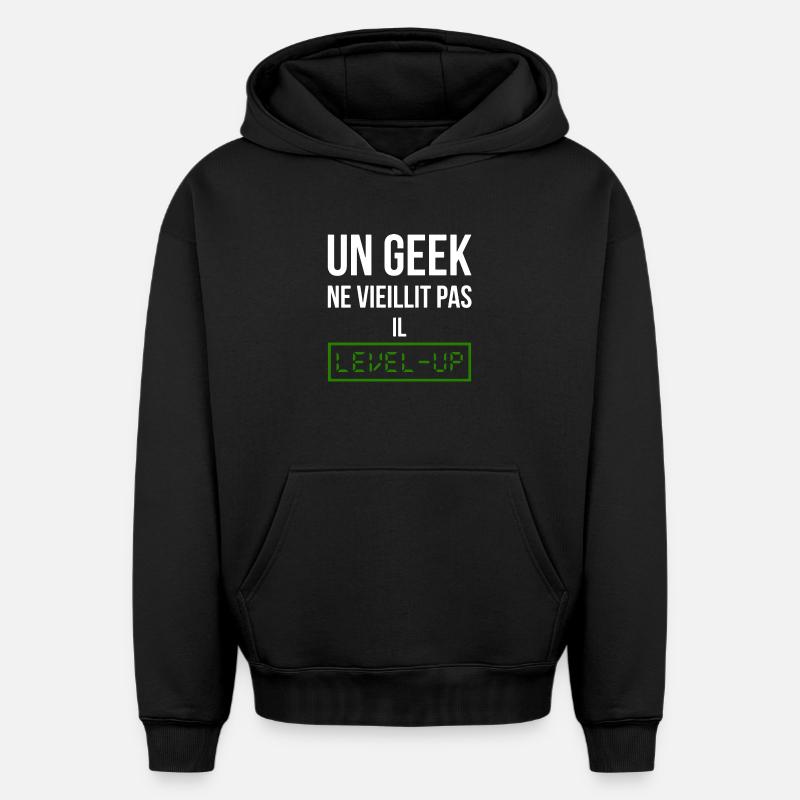 Geek Level (vert) - Sweat à capuche unisexe oversize épais SPREAD - noir