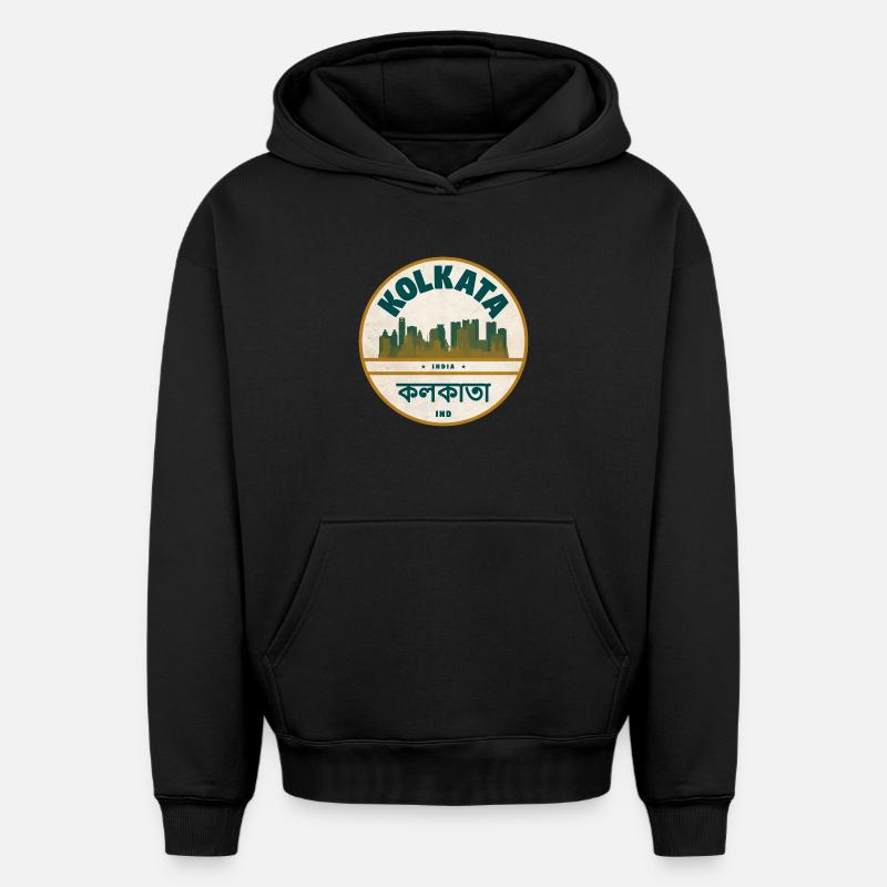Kolkata Skyline Badge - Sweat à capuche unisexe oversize épais SPREAD - noir