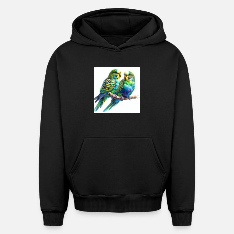 Perruches aquarelle - Sweat à capuche unisexe oversize épais SPREAD - noir